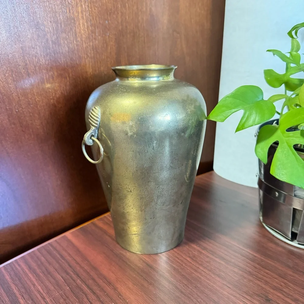Vintage RIH Solid Brass, 8” Ring Handles Flower Vase, Flared Lip, Made In India